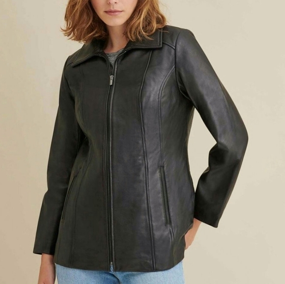 WILSON Leather Collar Black Jacket Zip Front Fitted Lined Scuba Buttery Medium - Picture 11 of 14